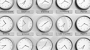 Focus on the clock showing Milan, Italy time. 3D animation