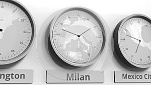 Focus on the clock showing Milan, Italy time. Conceptual 3D rendering