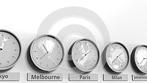 Focus on the clock showing Paris, France time. Conceptual 3D animation