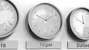 Focus on the clock showing Taipei, Taiwan time. Conceptual 3D rendering