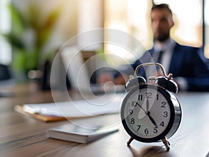 Focus on clock on table with busy young businessman in formal wear, time management concept
