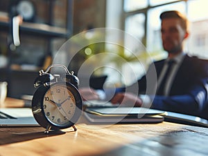 Focus on clock on table with busy young businessman in formal wear, time management concept