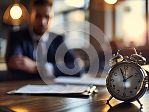 Focus on clock on table with busy young businessman in formal wear, time management concept