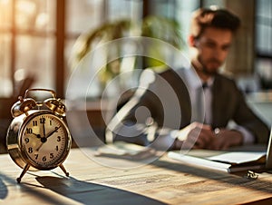 Focus on clock on table with busy young businessman in formal wear, time management concept