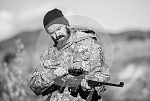 Focus and concentration of experienced hunter. Hunting and trapping seasons. Hunting masculine hobby. Man brutal