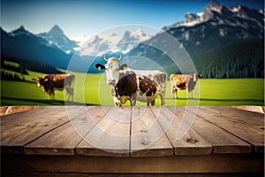 Focus empty wood table with blurred natural tree and cow with meadow background.