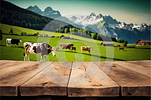 Focus empty wood table with blurred natural tree and cow with meadow background.