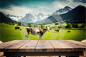 Focus empty wood table with blurred natural tree and cow with meadow background.