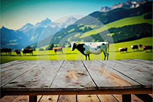 Focus empty wood table with blurred natural tree and cow with meadow background.