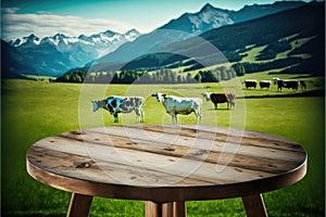 Focus empty wood table with blurred natural tree and cow with meadow background.