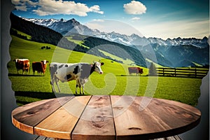 Focus empty wood table with blurred natural tree and cow with meadow background.