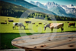 Focus empty wood table with blurred natural tree and cow with meadow background.