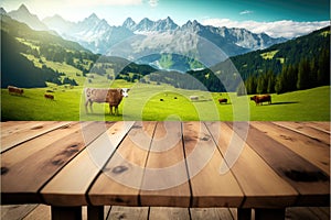 Focus empty wood table with blurred natural tree and cow with meadow background.