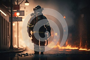 Focus of firefighter with water hose extinguishing fire on street. AI Generation