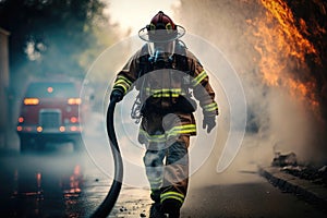 Focus of firefighter with water hose extinguishing fire on street. AI Generation