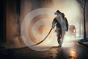 Focus of firefighter with water hose extinguishing fire on street. AI Generation