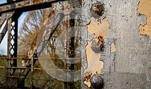 Focus on flaking paint on an iron and rivets beam with autumn/spring tree in background