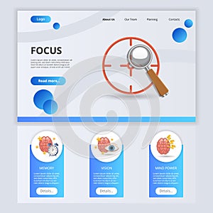 Focus flat landing page website template. Memory, vision, mind power. Web banner with header, content and footer. Vector