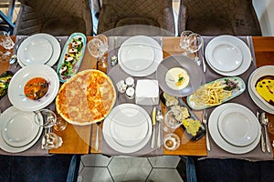 Focus on glasses. Banquet table in the restaurant, the preparation before the banquet