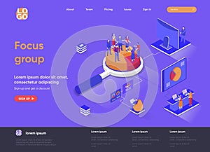 Focus group isometric landing page. Market research method isometry concept. Collective discussion and feedback, focused interview