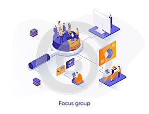 Focus group isometric web banner. Market research isometry concept. Collective discussion and feedbacks 3d scene, focused