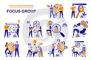 Focus group web concept with people scenes set in flat style.