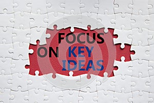 Focus on Key Ideas symbol. Concept word Focus on Key Ideas on white puzzle. Beautiful red background. Business and Focus on Key