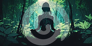 in focus long hair Woman in lotus pose in sillhouette practicing yoga in green forest