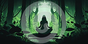 in focus long hair Woman in lotus pose in sillhouette practicing yoga in green forest