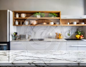 Focus on a marble countertop with a blurred kitchen in the background.