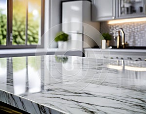 Focus on a marble countertop with a blurred kitchen in the background.