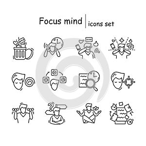 Focus mind icon set. Attention management and mindfulness practice exercise vector illustrations.