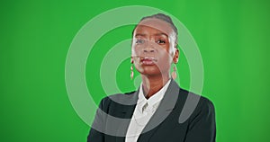 Focus, mockup and business with black woman in green screen for idea, ceo and thinking. Empowerment, corporate and