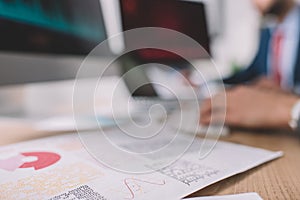 Focus of paper with graphs and data analysts working at table