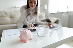 Focus on piggybank with blurred woman calculating budget on background.