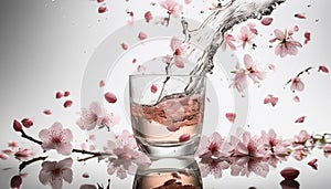 Focus on realistic glass with Baijiu falling on white background , generated by AI photo