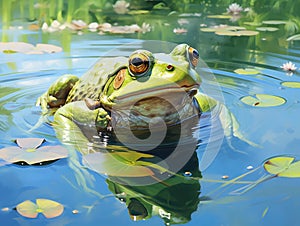 A focus stack closeup of a green frog sitting in the water of a pond