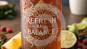 The focus is on a unique angular bottle that holds a rich ambertoned drink. The ornate text Refresh and Balance is