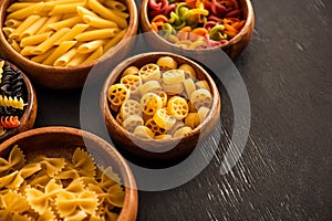 Focus of various raw Italian pasta