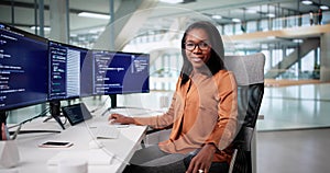 Focused African American Woman Programmer Coding At Computer