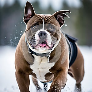 A Cool American Bully with a determined expression participating a dog sledding event across snow-blanketed landscapes