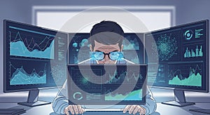 Focused Analyst Reviewing Data Visualizations Across Multiple Monitors in Tech Workspace