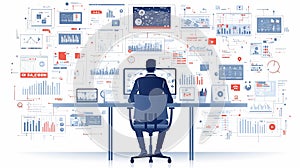 Focused analyst working at computer surrounded by data graphs