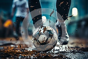 Focused athlete, close-up as footballer kicks soccer ball with unwavering determination