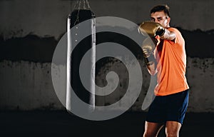 Focused boxer fighter training with punching bag