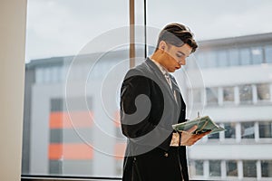 Focused business associate reviewing documents outdoors with city background