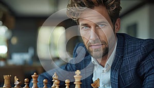 Focused business executive playing chess in modern office, immersed in strategic decisions