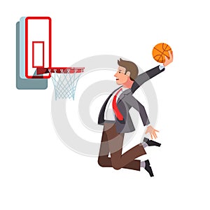 Business man performing basketball hoop slam dunk photo