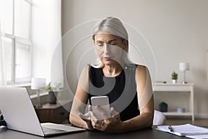 Focused business woman chatting online with colleagues use cellphone
