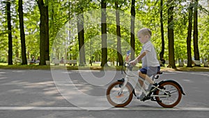 Focused child boy is riding a bike in city park on asphalt road among trees.